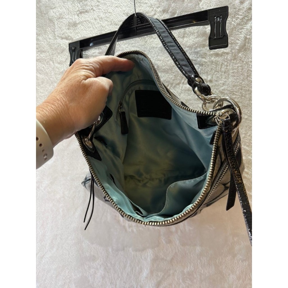 Coach Poppy Signature Sateen Metallic Shoulder Bag Black Silver Zip Tote Purse - Picture 4 of 12